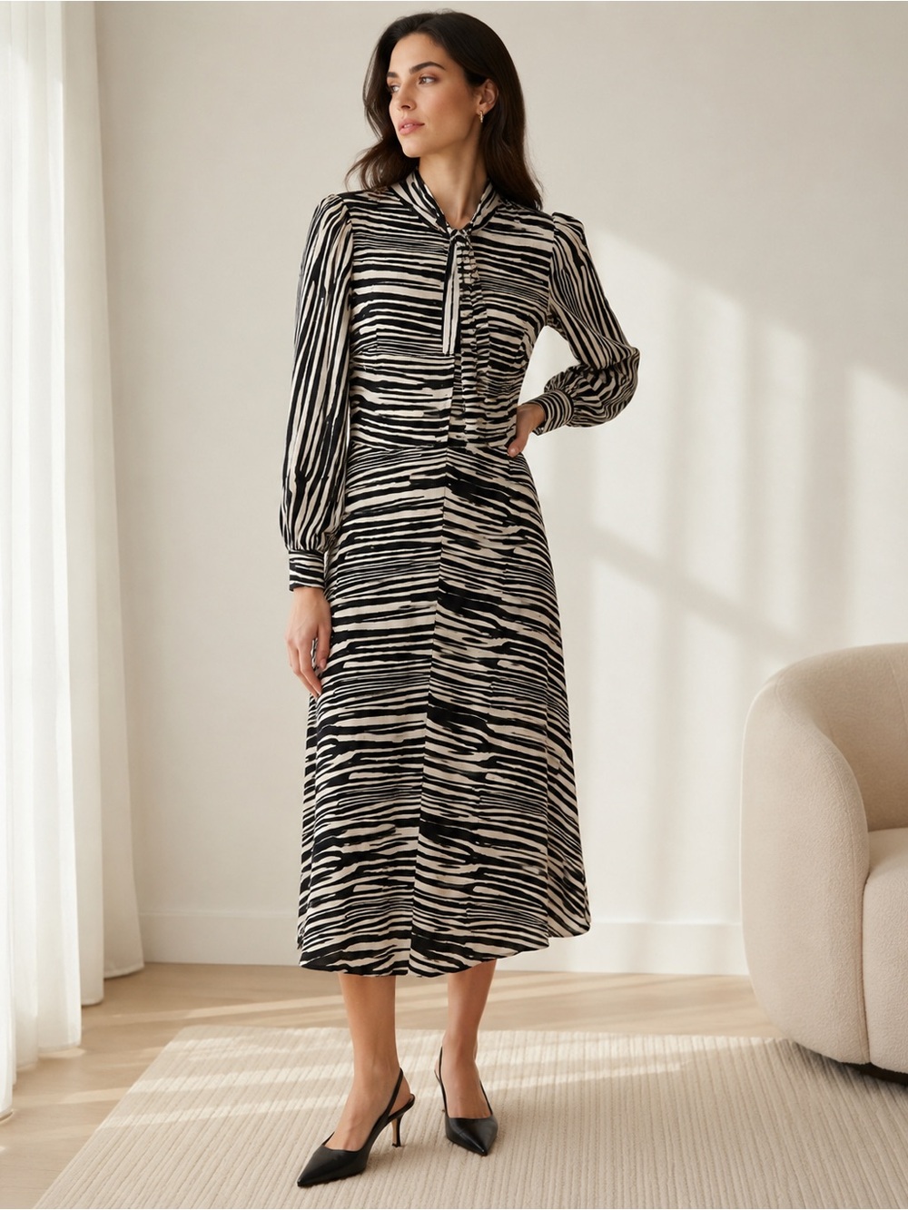 Banana Republic Black and White Striped Long Sleeve Midi Dress zebra 0 small
